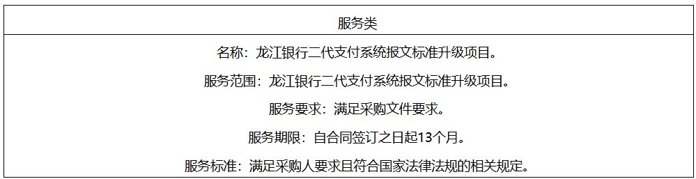 龙江银行二代支付系统报文标准升级项目主要标的信息