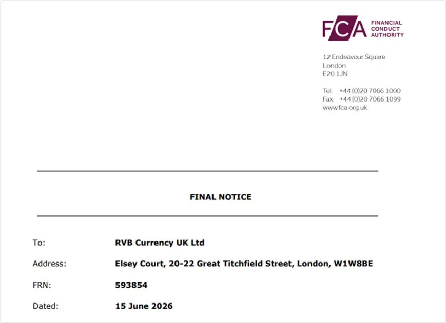 英国FCA取消RVB Currency UK授权支付机构许可证