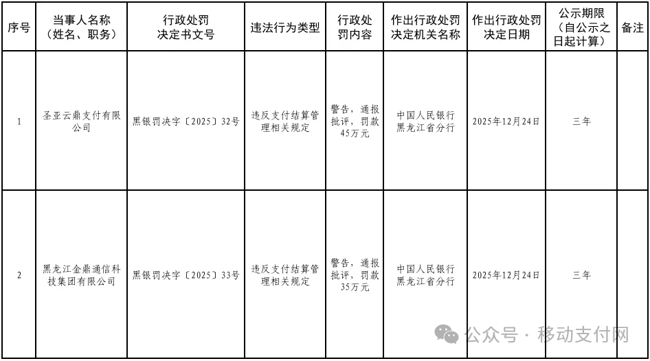 圣亚云鼎支付有限公司罚单信息