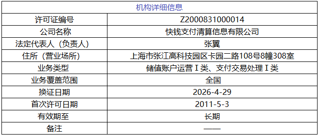 快钱支付牌照信息