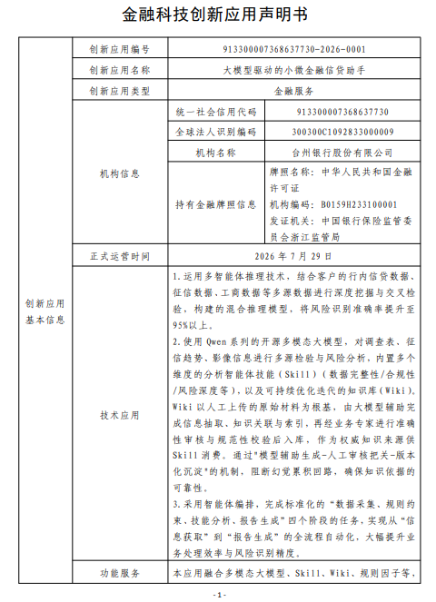 金融科技创新应用声明书:大模型驱动的小微金融信贷助手