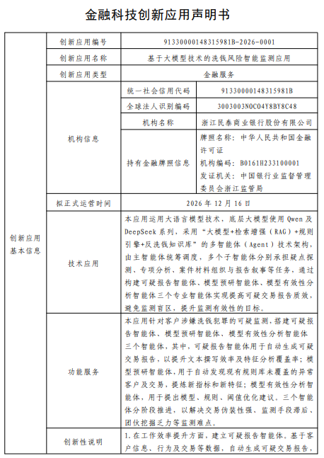 金融科技创新应用声明书:基于大模型技术的洗钱风险智能监测应用