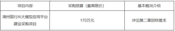 湖州银行AI大模型应用平台建设采购项目招标公告